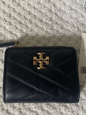 Tory Burch Black Quilted Leather Zip Card Wallet with Gold Logo